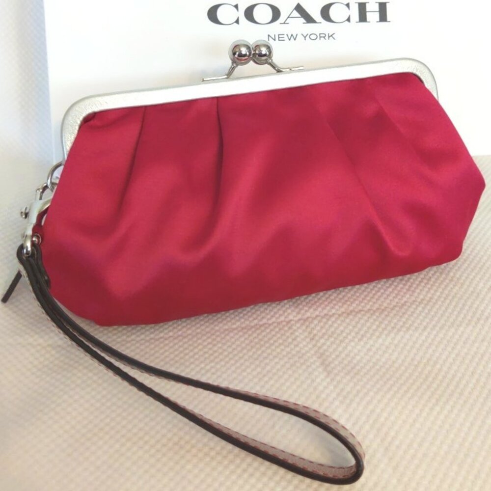 Coach Satin Metallic Silver Leather Frame Kisslock Clutch Wristlet - Magenta EUC - Picture 4 of 9